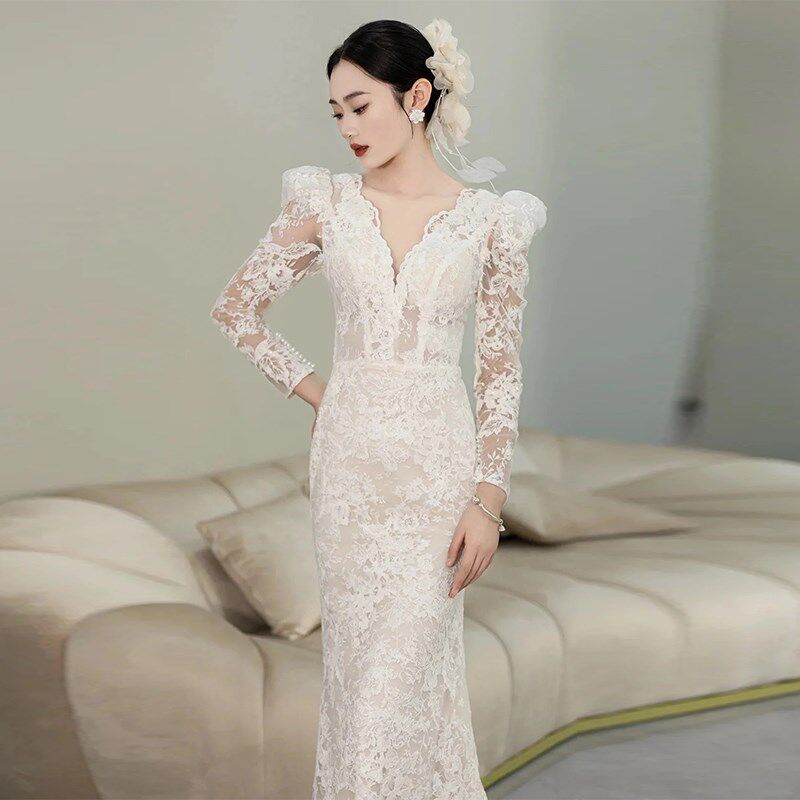 速发蕾丝轻婚纱2025新韩式尾新娘欢迎纱经典鱼尾名人宴会长袖礼服