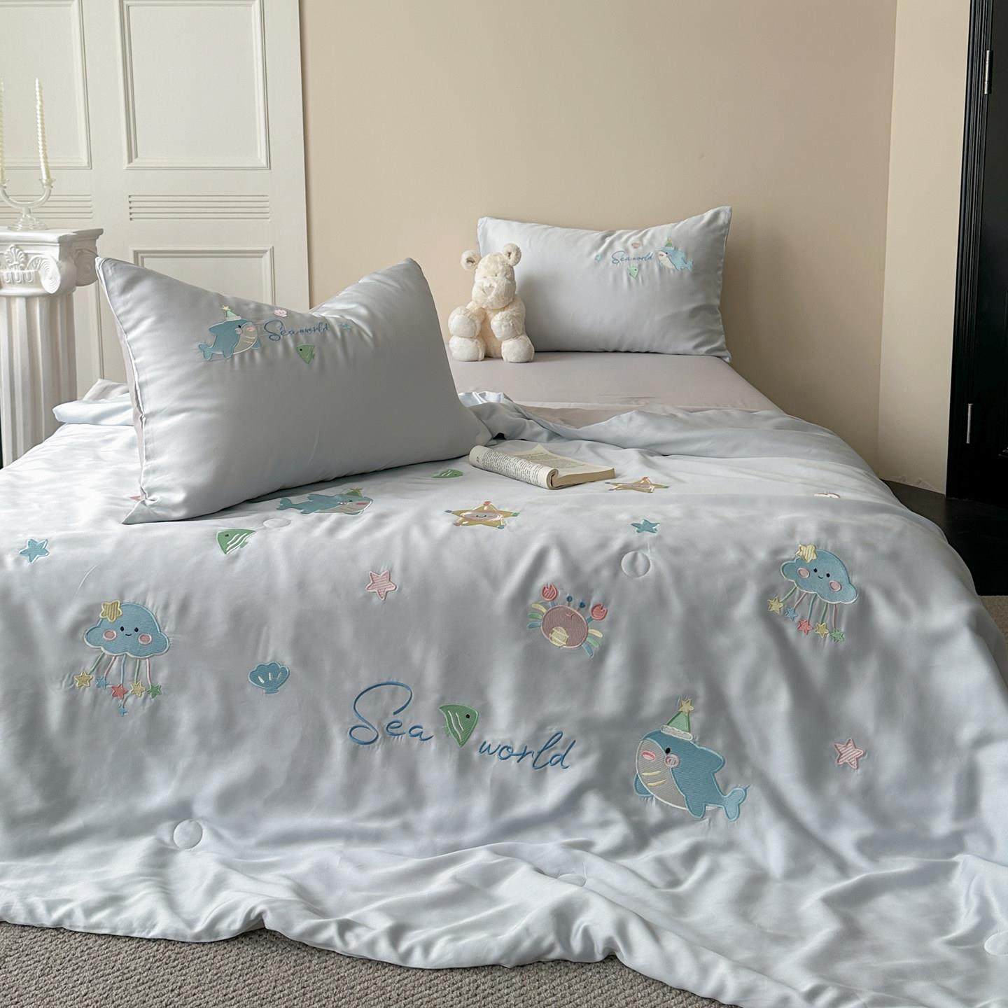 晚安猫ins卡通兰精天丝绣花大豆夏被夏凉被空调被凉感套件床品,床上用品,化纤被,淘宝优惠券,粉丝福利购,淘宝优惠卷