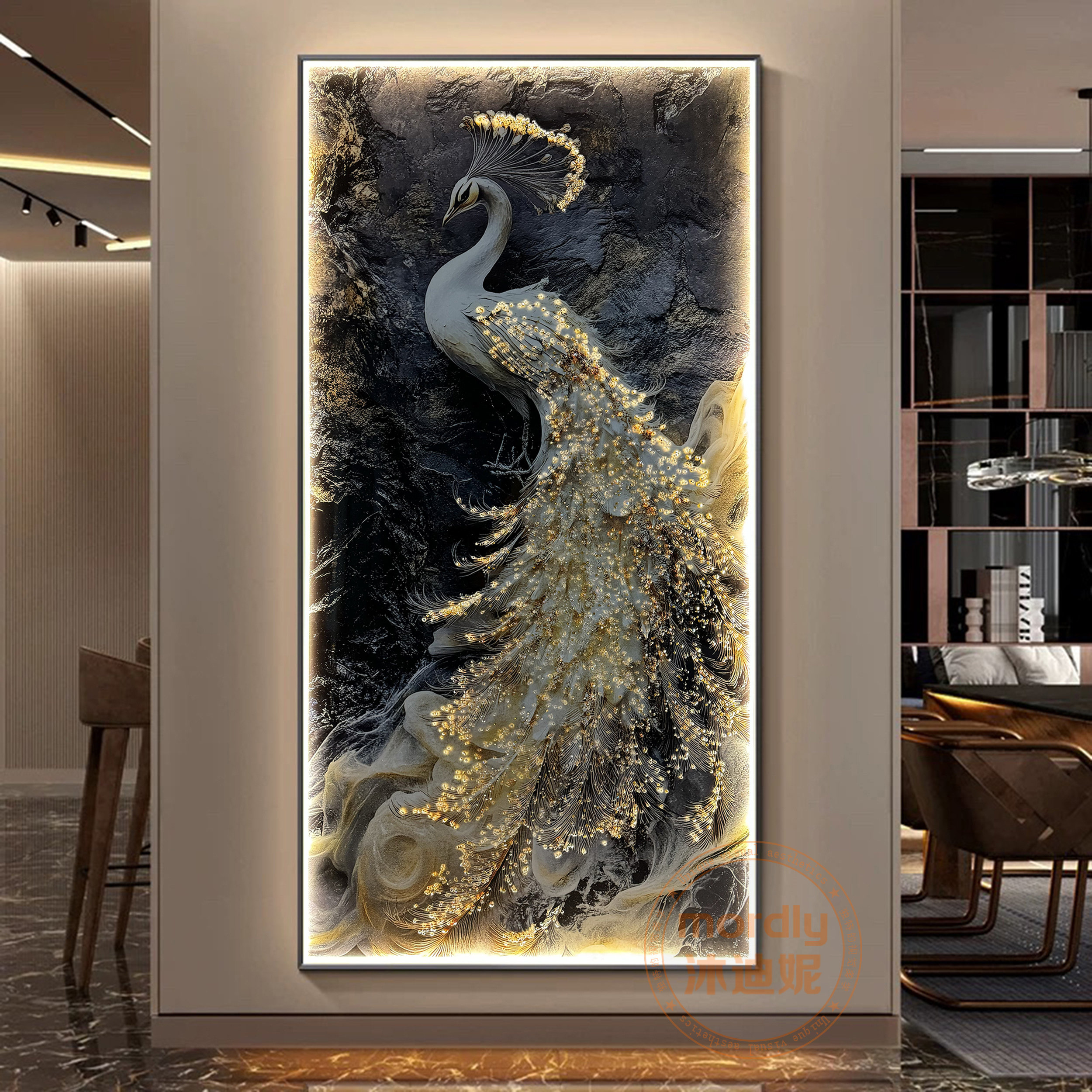 新中式孔雀入户玄关装饰画正对门轻奢高级感挂画客厅走廊过道壁画