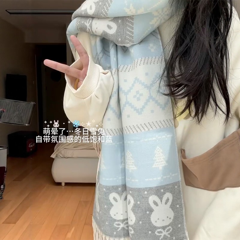 雪兔围巾秋冬季女韩系氛围感围脖时尚可爱加厚保暖百搭2025新款