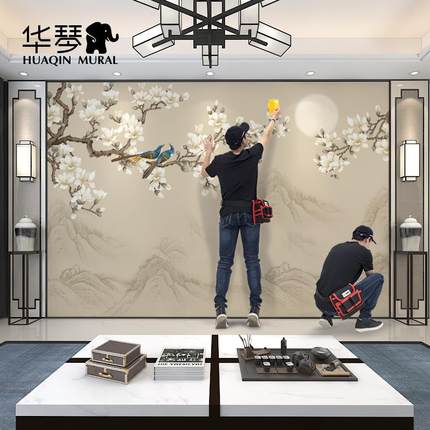 2024新款新中式电视背景墙壁纸客厅墙纸卧室壁布花鸟墙布壁画定制