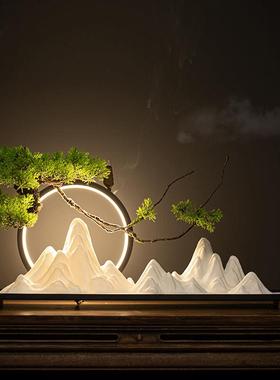 新中式禅意仿真迎客松陶瓷假山摆件客厅玄关茶室LED灯软装装饰品