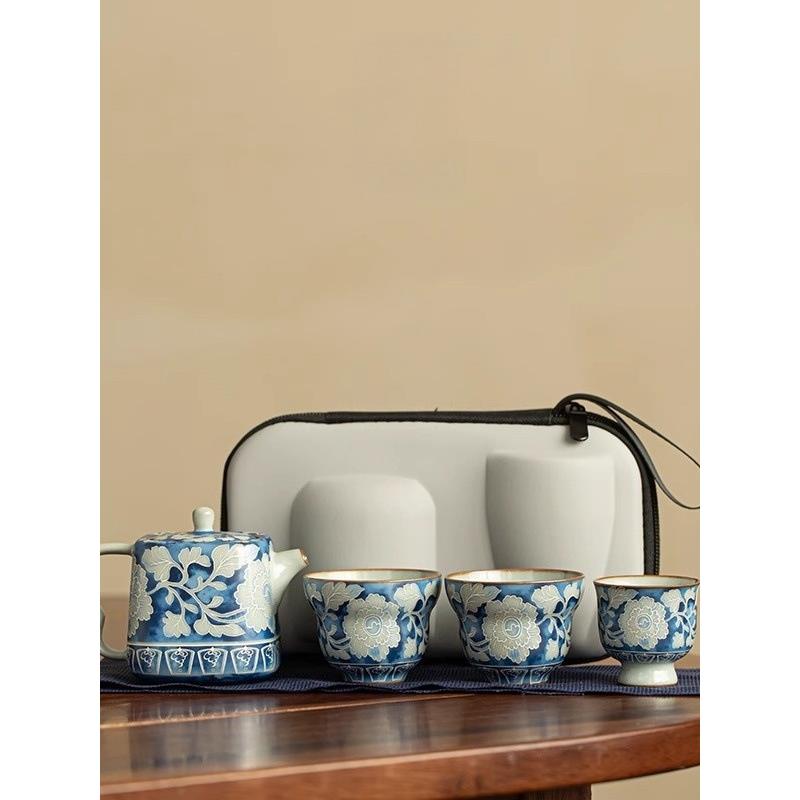 汝窑牡丹园青花旅行茶具户外便携快壶商务旅行茶具