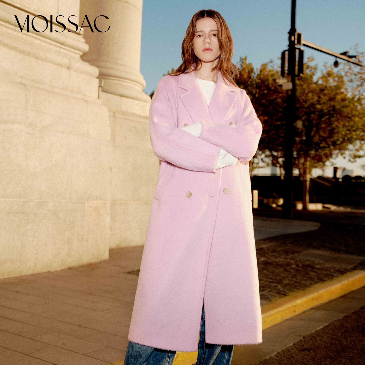 商场同款 摩萨克2024春法式粉紫色长款双排扣毛呢大衣外套女,女装/女士精品,毛呢外套,淘宝优惠券,粉丝福利购,淘宝优惠卷