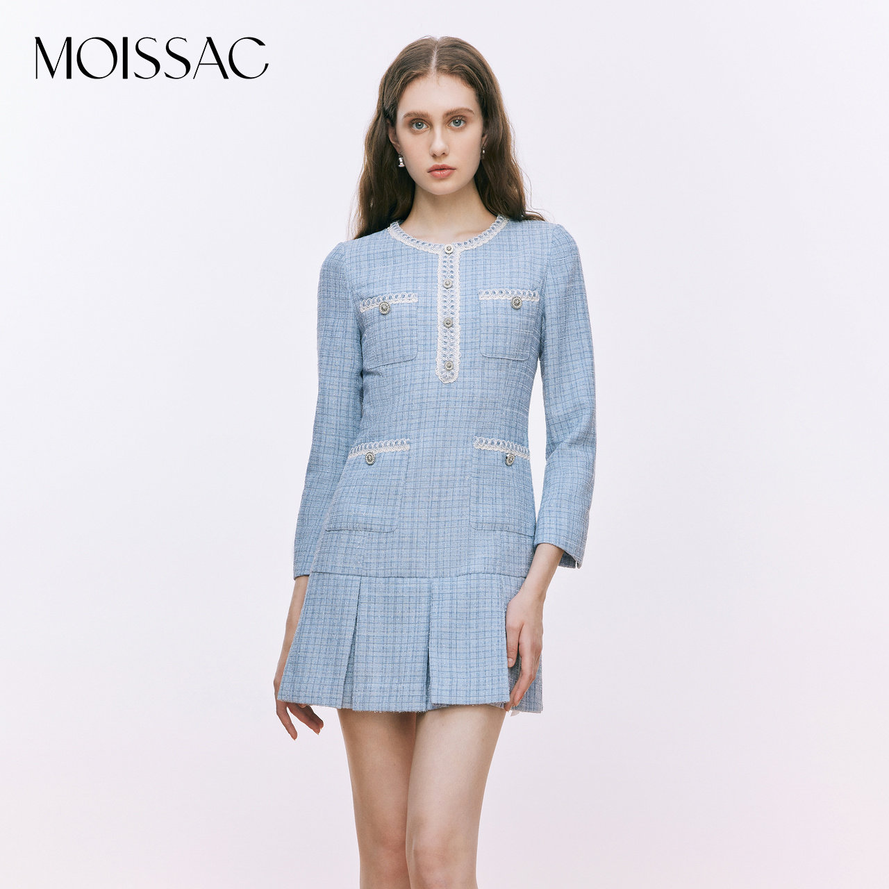 MOISSAC摩萨克冬法式复古圆领优雅小香风柔雾蓝中长收腰连衣裙女,女装/女士精品,连衣裙,淘宝优惠券,粉丝福利购,淘宝优惠卷