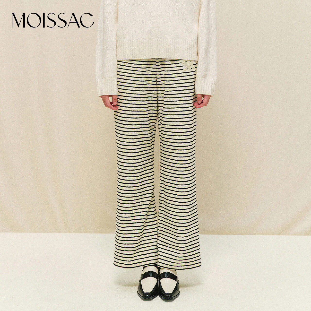 MOISSAC摩萨克冬休闲学院风米白条纹宽松针织微喇长裤女,女装/女士精品,休闲裤,淘宝优惠券,粉丝福利购,淘宝优惠卷