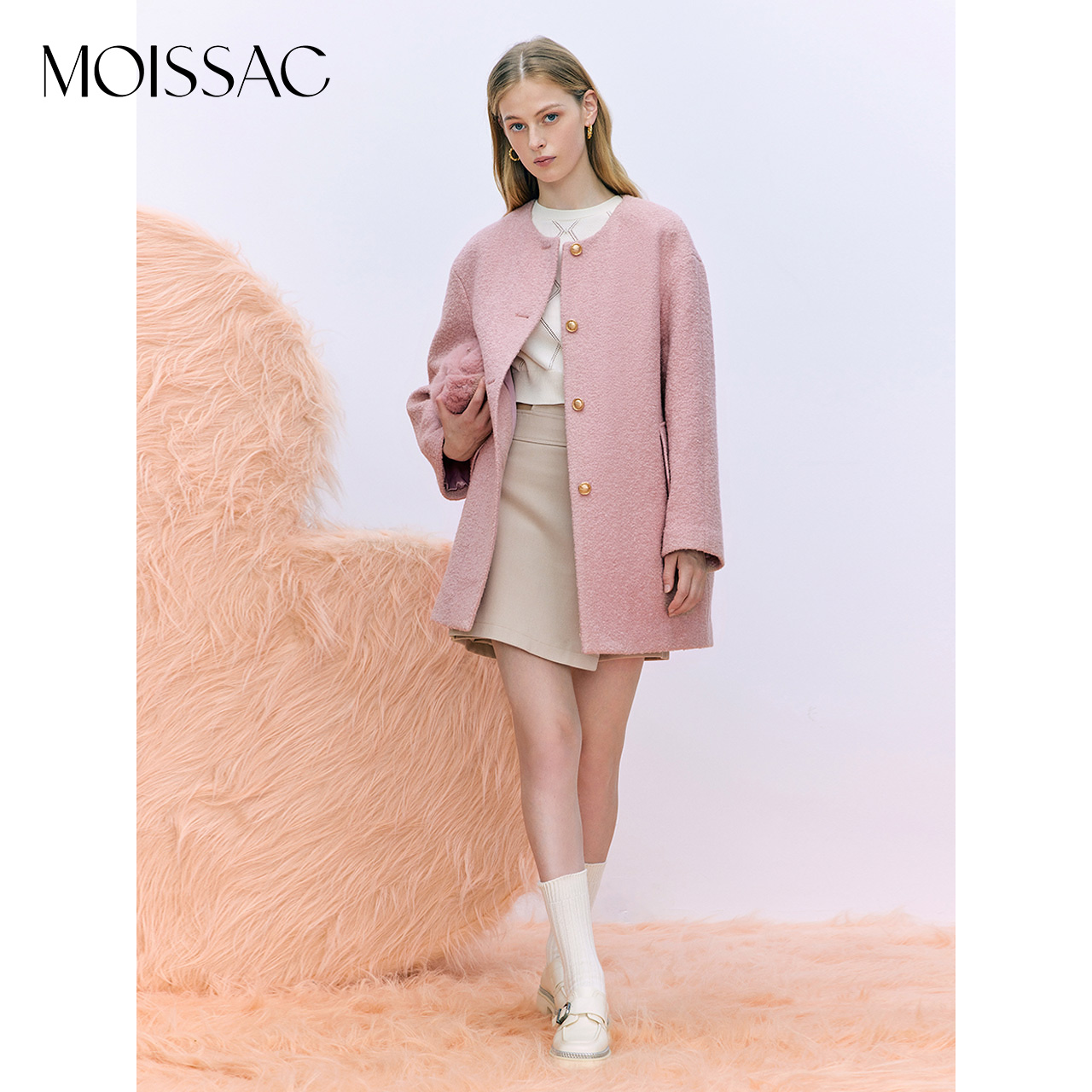 MOISSAC摩萨克奥莱冬季法式复古千金温柔粉红羊毛大衣外套女