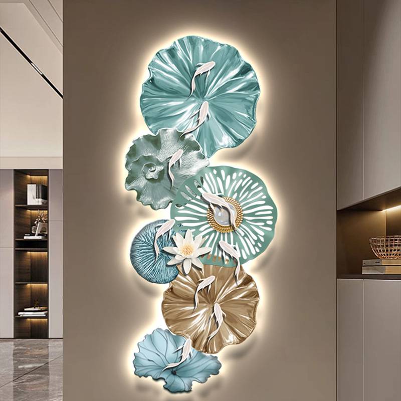 九鱼图入户玄关装饰画现代轻奢高档挂画led灯画寓意好客厅壁画图片