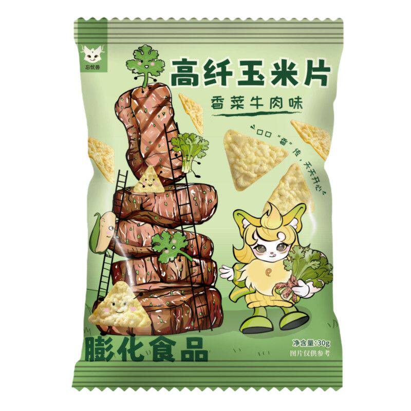 新品高纤玉米片香菜牛肉味非油炸营养咸脆爽口零食大人孩子都爱吃