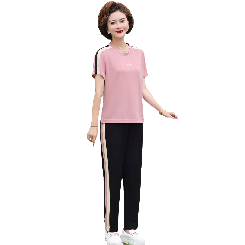 中老年妈妈夏装洋气运动服套装女2025新款短袖T恤上衣长裤两件套