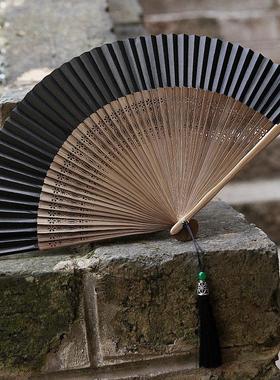 宣纸扇子 空白色折扇可书画老竹扇双面扇黑色复古风把玩流苏7寸扇