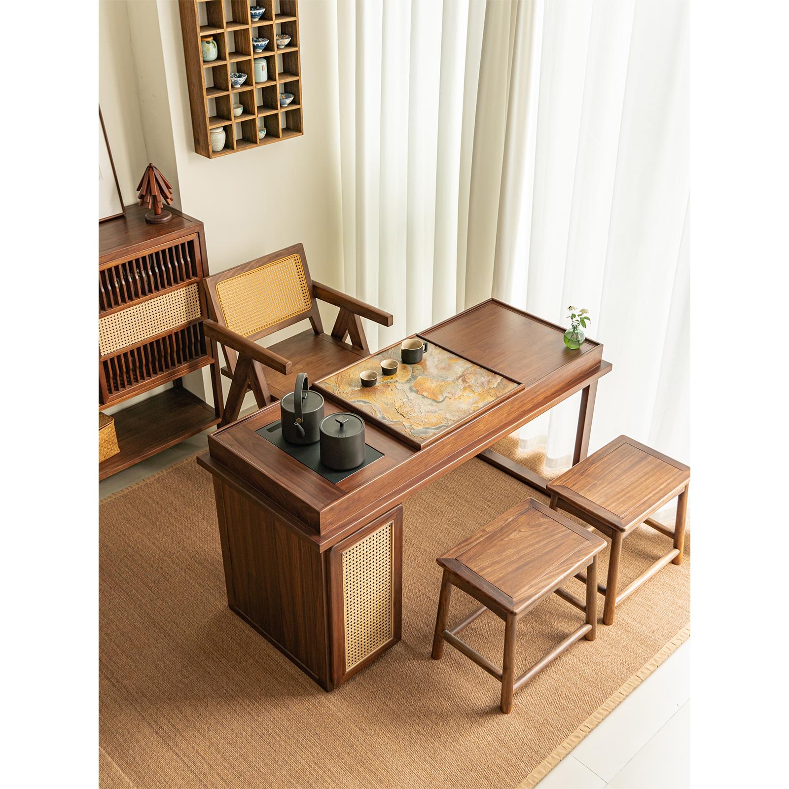 新中式茶桌椅组合北美黑胡桃木色茶室实木泡茶台阳台小茶桌椅组合