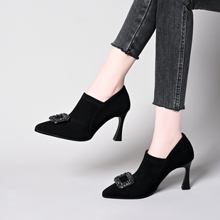 绒面弹力布细跟高跟时尚 新款 裸靴 秋季 真皮羊皮尖头水钻扣深口女鞋