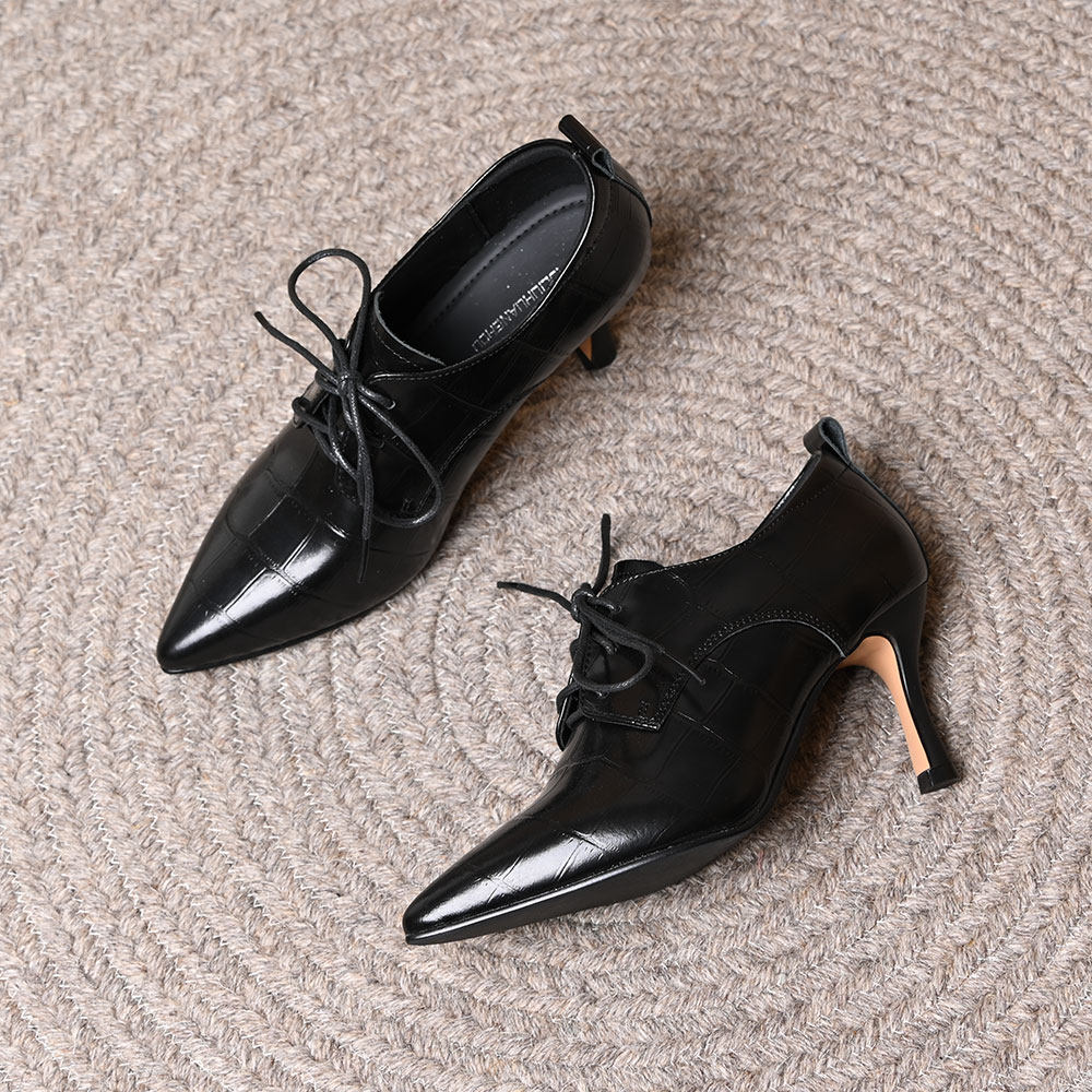 头层压花牛皮尖头细跟高跟深口软皮系带百搭气质春秋新款单鞋女,女鞋,深口单鞋,淘宝优惠券,粉丝福利购,淘宝优惠卷