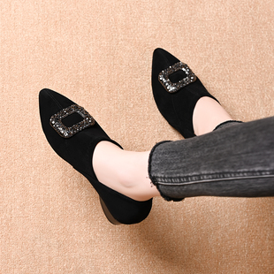 秋季新款深口时尚水钻方扣尖头小单鞋软皮低跟粗跟一脚蹬百搭女鞋