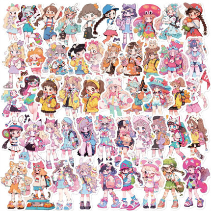 50张炫彩多巴胺穿搭女孩涂鸦贴纸装饰笔记本头盔冰箱手账保温杯电动车吉他iPad平板书桌电脑手机DIY防水贴纸