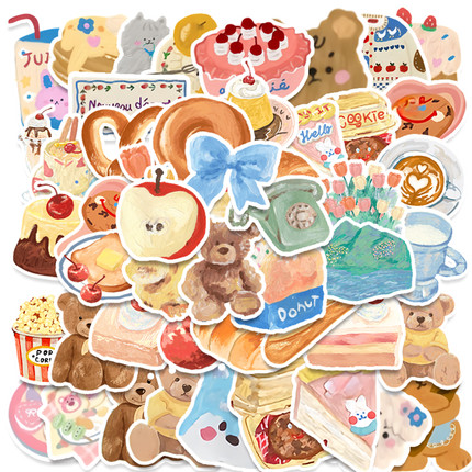 50油画涂鸦小熊可爱甜品蛋糕ins贴纸装饰笔记本头盔相框画水杯电动车尾箱平板电脑相机电梯门DIY手机遮丑贴纸