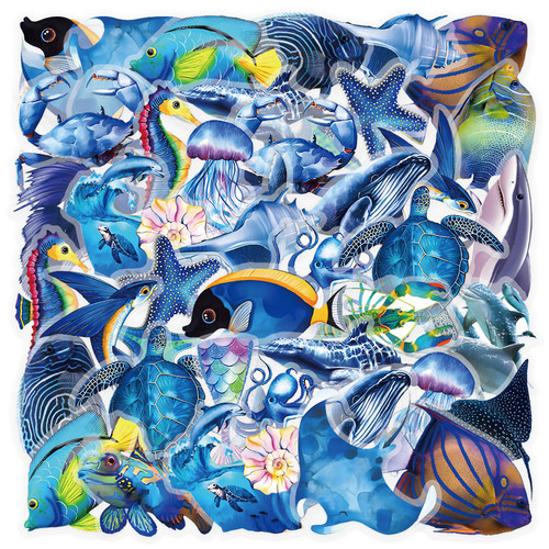 50张透明蓝色海洋动物3D装饰贴纸