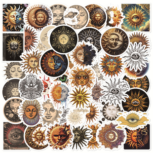 50张复古神秘古希腊太阳波西米亚风贴纸装饰书本头盔相框画手账水杯电动车平板背景墙玻璃窗DIY防水手机贴纸