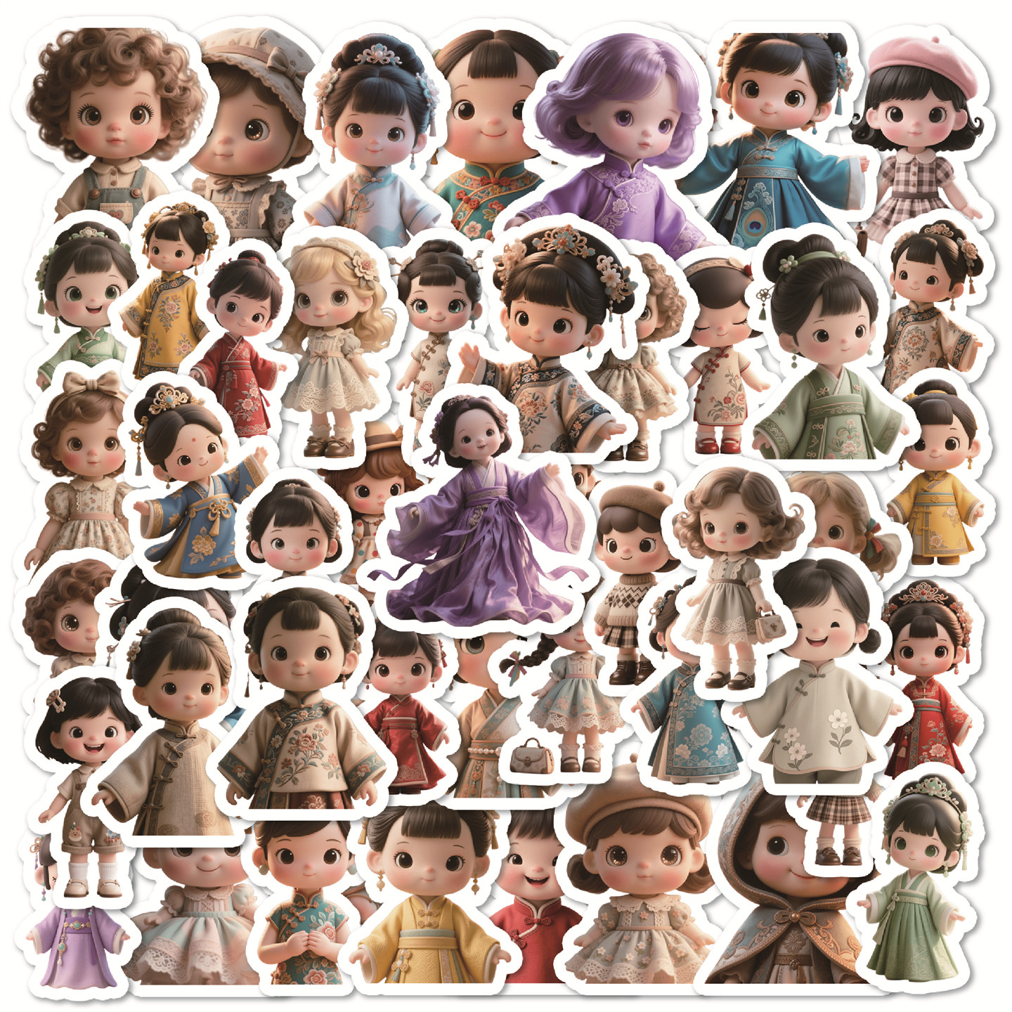 50张创意复古娃娃可爱3D立体卡通贴纸装饰笔记本头盔礼物盒手账水杯电动车Pad电脑桌面手机文具盒DIY防水贴纸