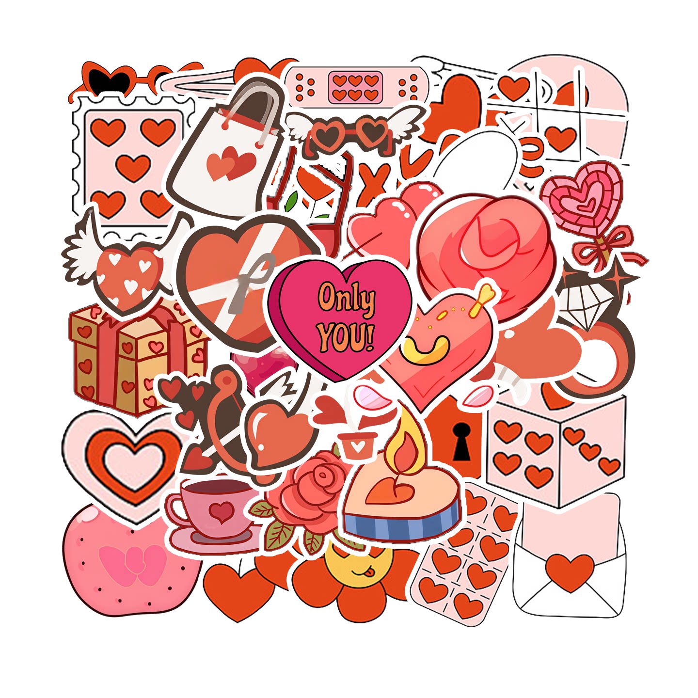 40张炙热红色浪漫情人节创意贴纸心形主题装饰手机壳笔记本背景墙玻璃保温杯平板尾箱DIY礼物盒防水贴贴画