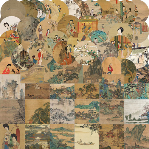 50张古代水墨画装饰防水贴纸复古