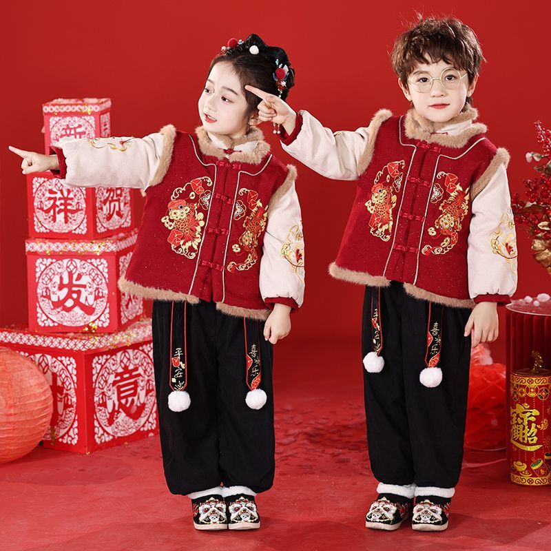 元旦儿童喜庆演出服男女童拜年服幼儿园舞蹈表演服装中国风开门红