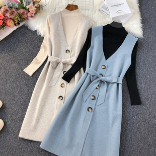 秋冬高冷御姐风中长款V领毛呢连衣裙套装修身毛衣裙子两件套女潮