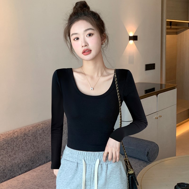 纯棉黑色U领打底衫女内搭2023春秋冬低领长袖t恤洋气圆领紧身上衣
