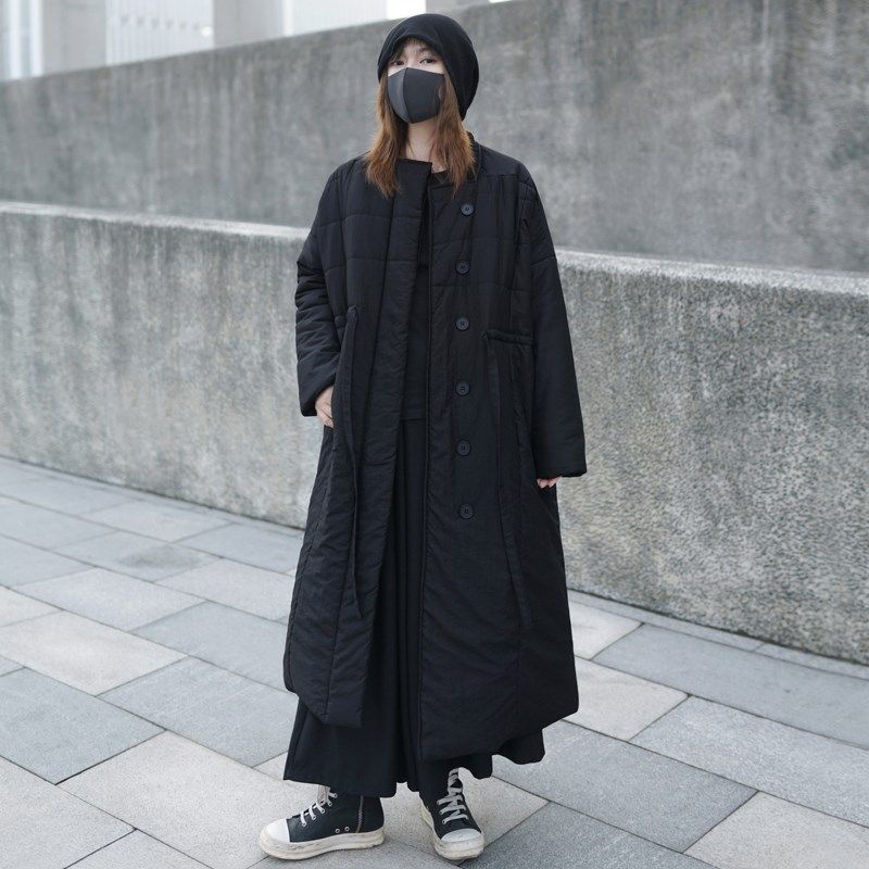 暗黑系酷飒山本风过膝长款棉服黑色复古夹棉外套冬季女装棉衣大衣