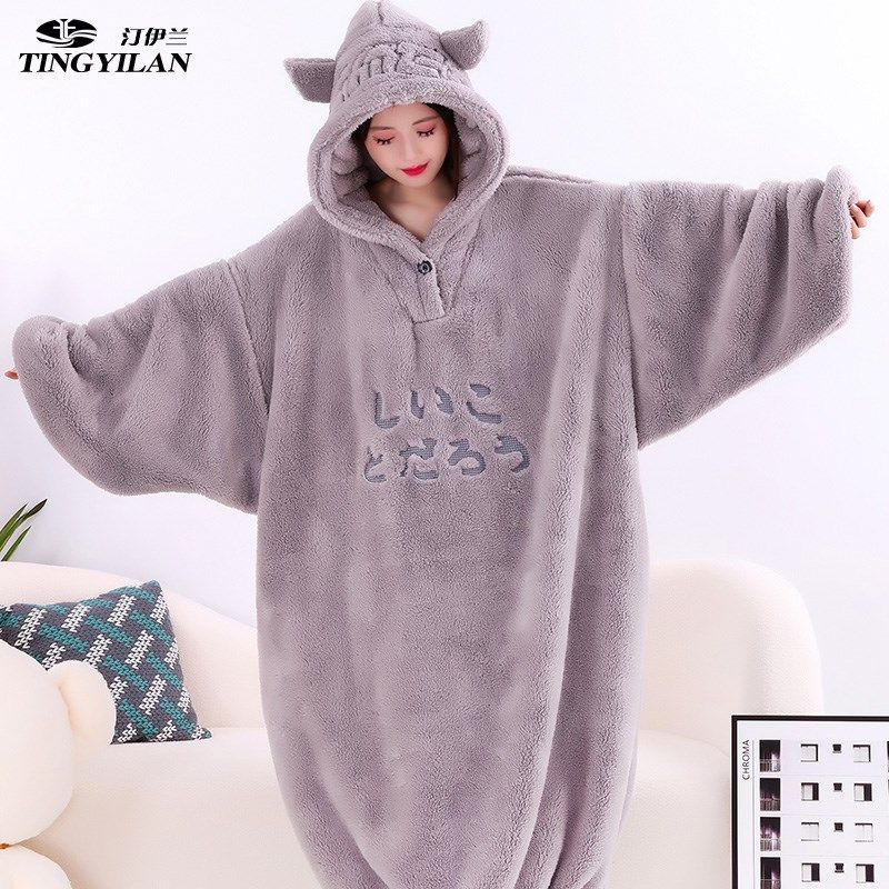 睡袍女秋冬款长款珊瑚绒法兰绒加绒加厚冬天宽松大码睡衣女款冬季