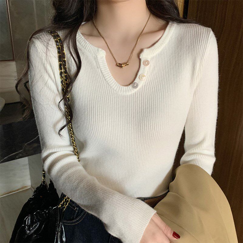 白色打底衫女秋冬季2024年新款V领针织衫毛衣内搭设计感洋气上衣