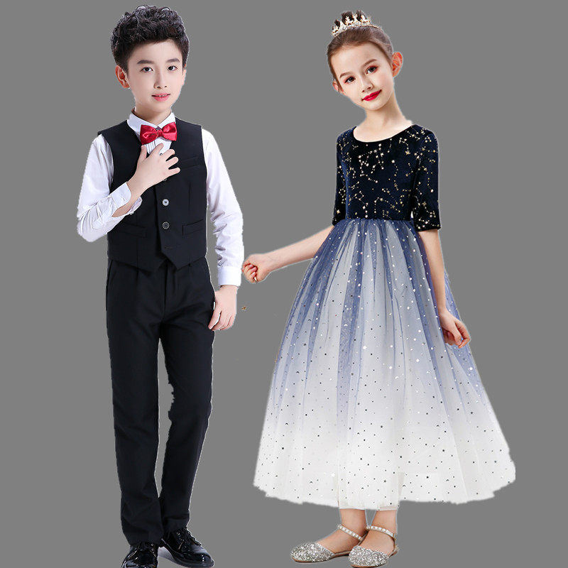 女童公主裙小女孩主持晚礼服儿童学生钢琴表演走秀长袖演出服长款