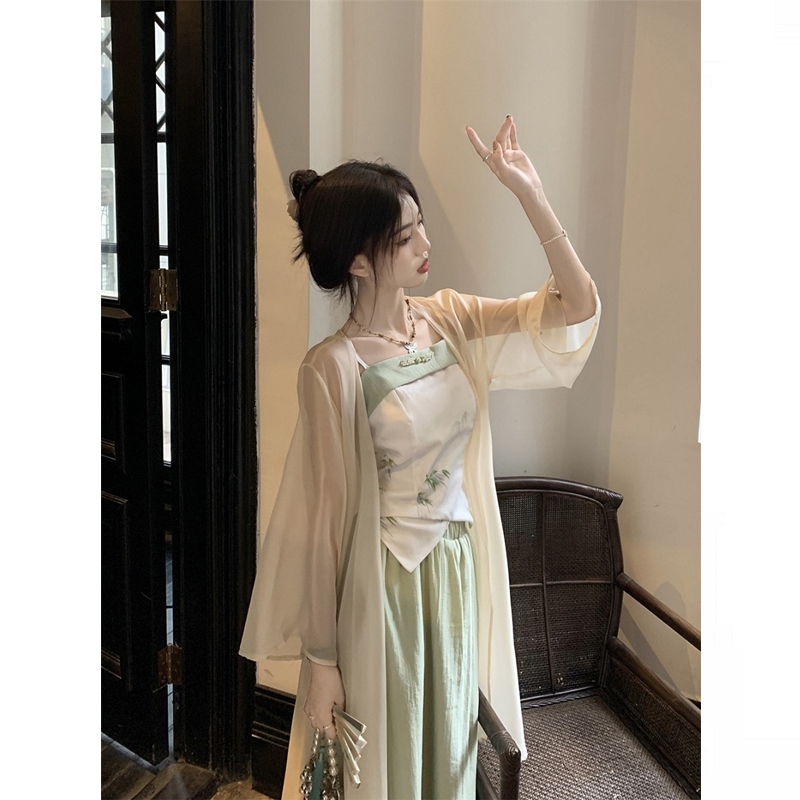 大码胖mm禅意新中式国风茶服开衫吊带半身裙女改良汉服旗袍裙套装