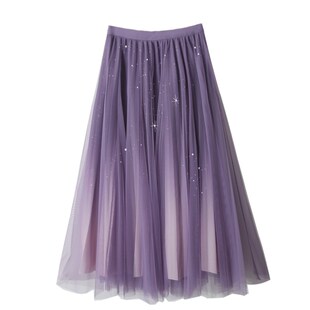 夏季渐变色百褶闪亮片蕾丝大裙摆中长款复古洋气时尚网纱半身裙子