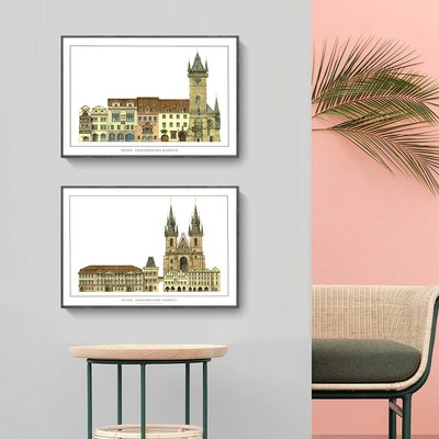 美式建筑客厅装饰画 复古城堡广场教堂 餐厅书房卧室欧洲地标挂画