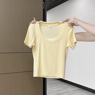 洋气卡腰小衫 正肩黄色t恤女短袖 短款 夏季 上衣潮 又甜又辣圆领修身