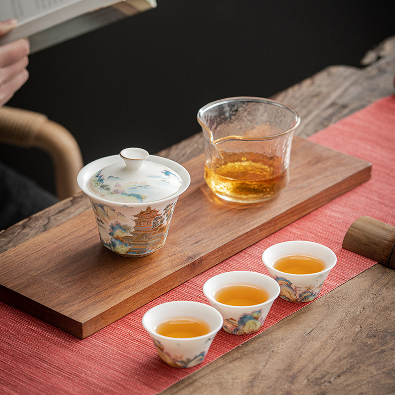 唐舍 国风春山锦绣盖碗旅行茶具套组快客杯便携式家用旅游喝茶碗
