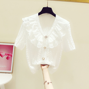 2021夏季新款蕾丝荷叶边V领短袖雪纺小衫气质衬衫女甜美法式上衣