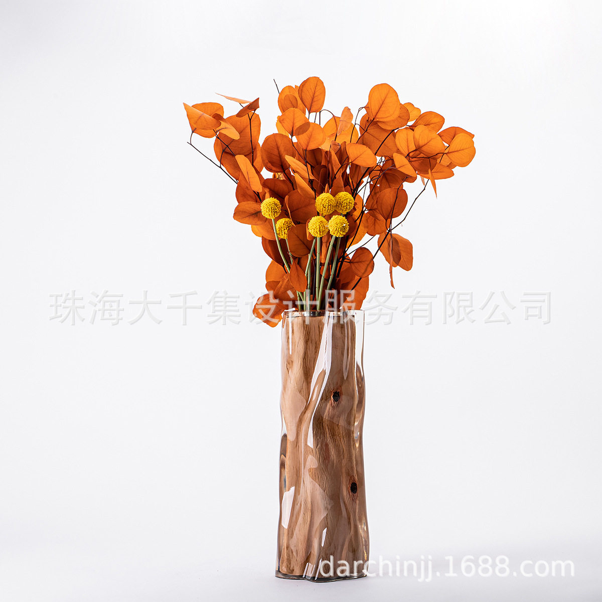 现代轻奢中式透明树脂仿木色肌理花器客厅装饰干花摆件餐桌面插花
