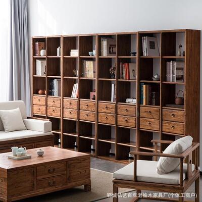 实古木书架客无品牌/厅落地书收柜整墙层分格纳多柜老榆木博古架
