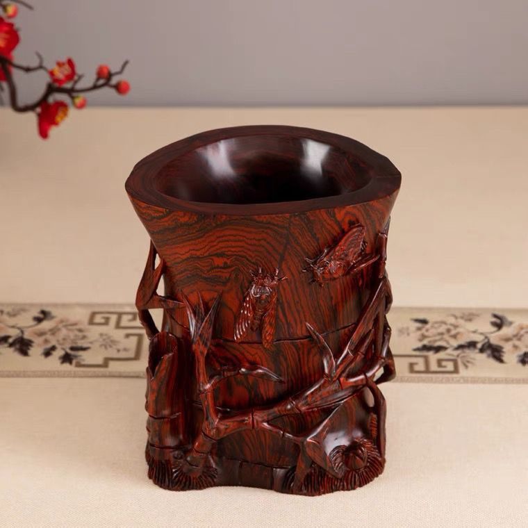 红木笔筒红木雕刻原木复古桌面收纳摆件酸枝笔筒手工檀雕