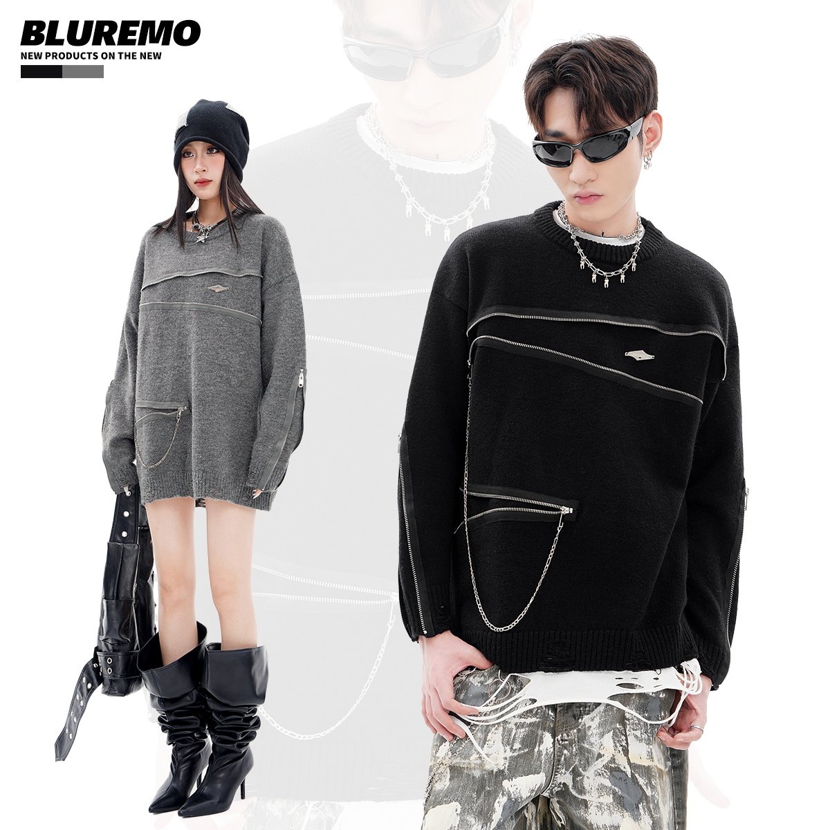 BLUREMO/模糊情绪冬季欧美高街龙虾扣拉链百搭休闲情侣款针织毛衣