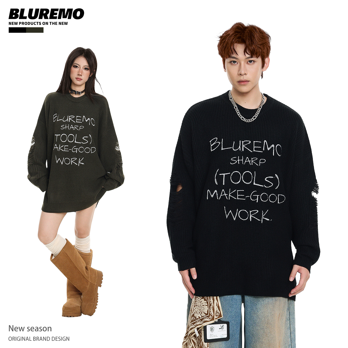 BLUREMO破洞链条字母情侣毛衣