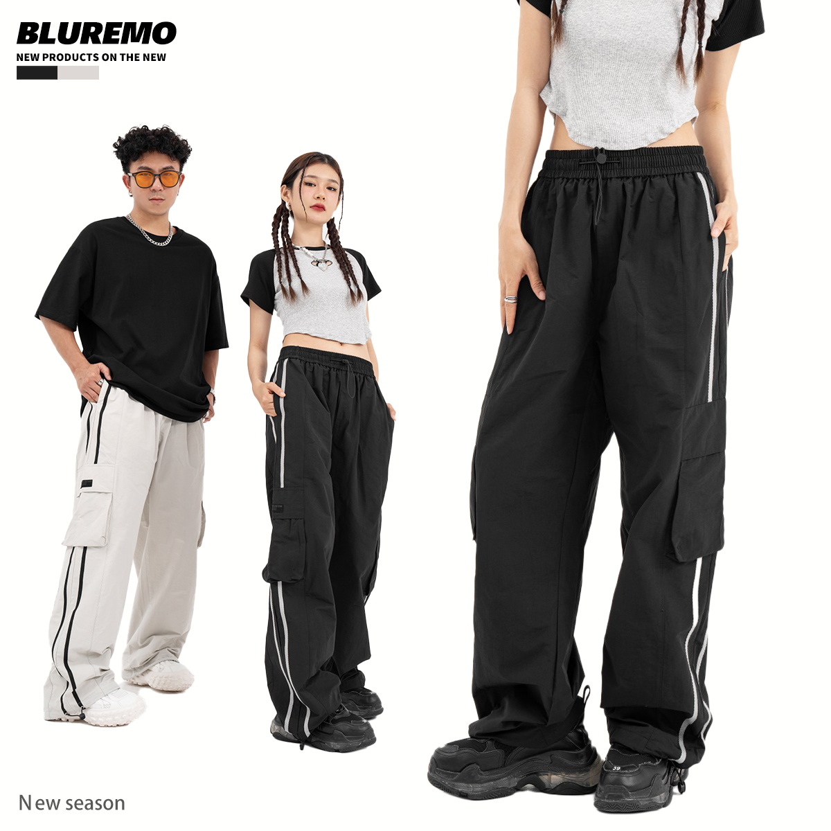 BLUREMO夏季拼接条纹工装裤