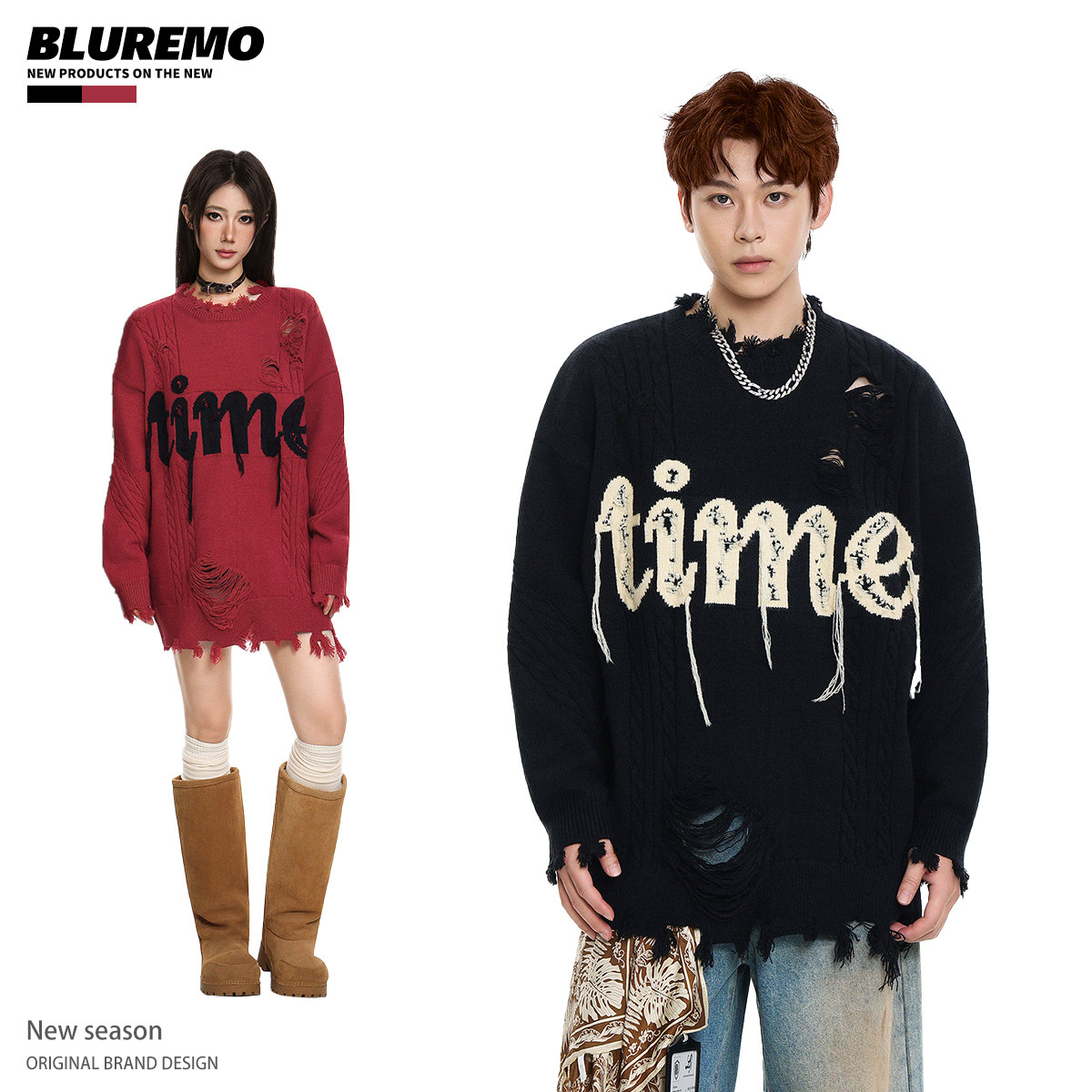 BLUREMO/模糊情绪冬季新品高街原创麻花破洞字母百搭男女针织毛衣