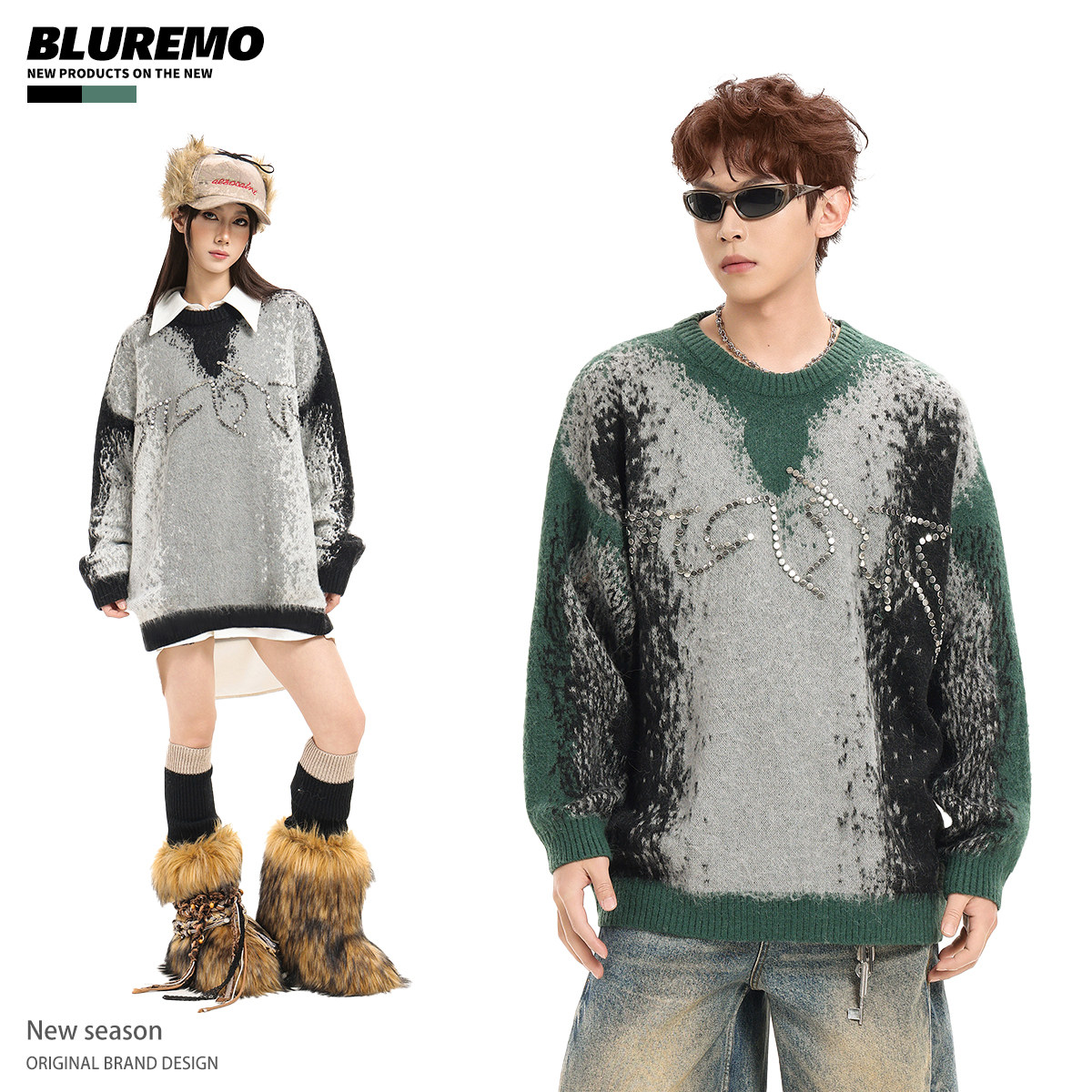 BLUREMO/模糊情绪冬季美式复古撞色渐变金属珠字母男女针织毛衣潮,男装,针织衫/毛衣,淘宝优惠券,粉丝福利购,淘宝优惠卷