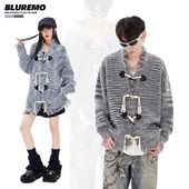 BLUREMO 潮 对扣针织开衫 模糊情绪冬季 高街混色毛边V领宽松中长款