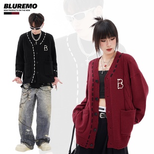 BLUREMO/模糊情绪2026春季新款美式撞色毛线珍珠字母宽松V领开衫