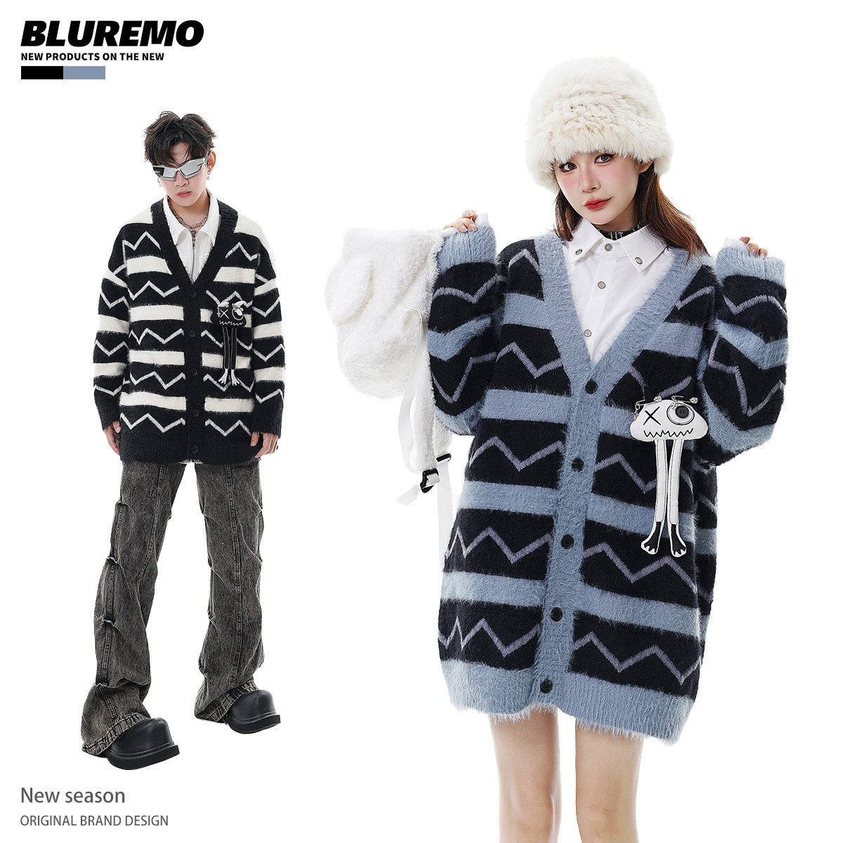 BLUREMO撞色波浪条纹V领针织开衫